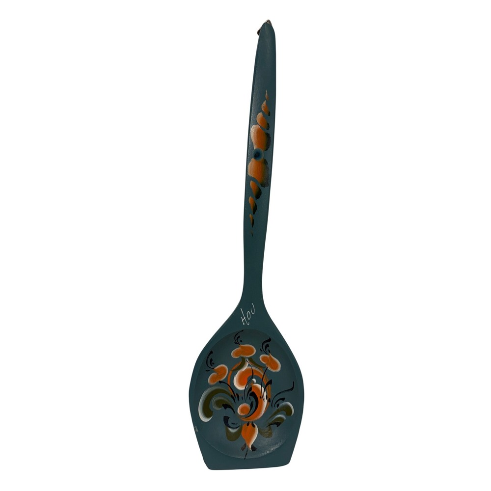 Vintage Rosemaling Hand Painted Wooden Spoon Wall Decor Teal Blue Floral Hou